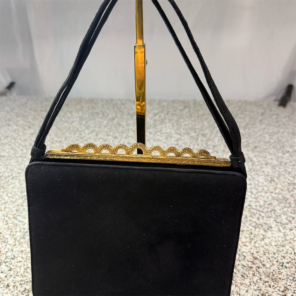 Dobbs Bags Vintage Evening Bag Purse Black Satin Gold Kiss-Lock Shoulder